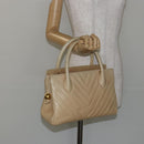 CHANEL V Stitch Hand Bag Lamb Skin Beige Gold CC Auth 128926-22