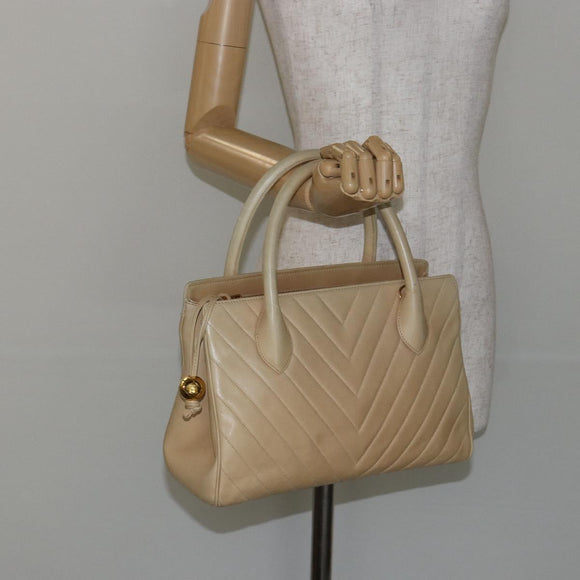 CHANEL V Stitch Hand Bag Lamb Skin Beige Gold CC Auth 128926
