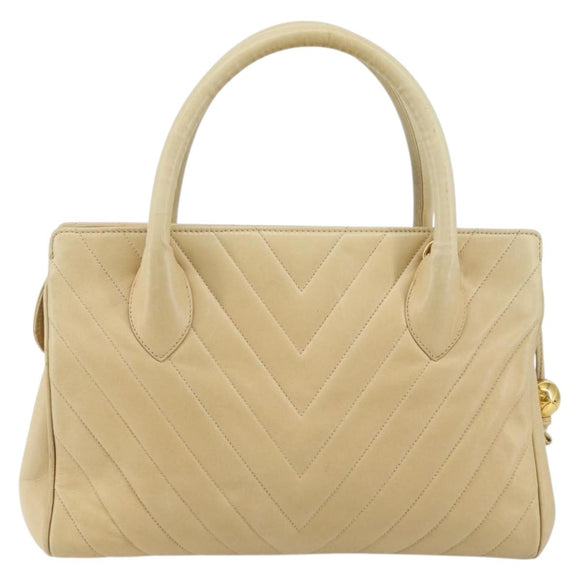 CHANEL V Stitch Hand Bag Lamb Skin Beige Gold CC Auth 128926