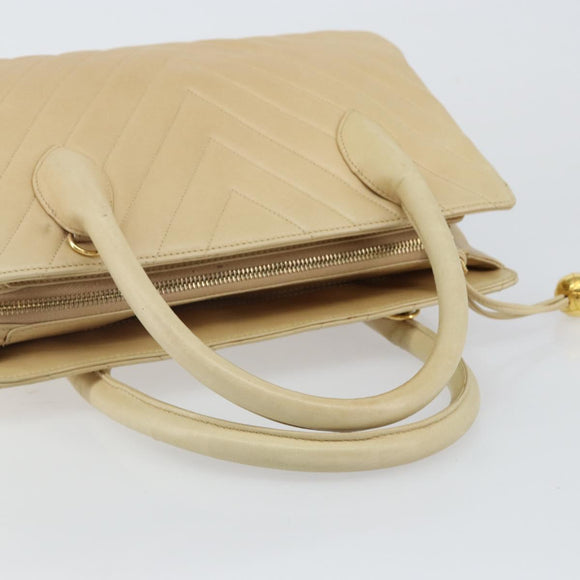 CHANEL V Stitch Hand Bag Lamb Skin Beige Gold CC Auth 128926