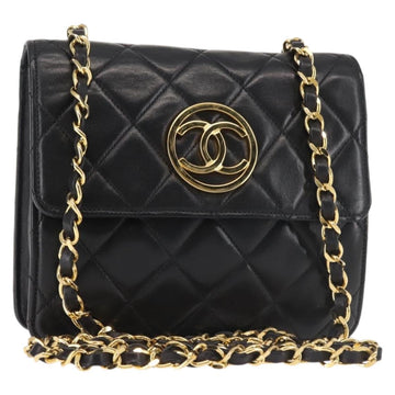 CHANEL Matelasse Chain Shoulder Bag Lamb Skin Black Gold CC Auth 128938V
