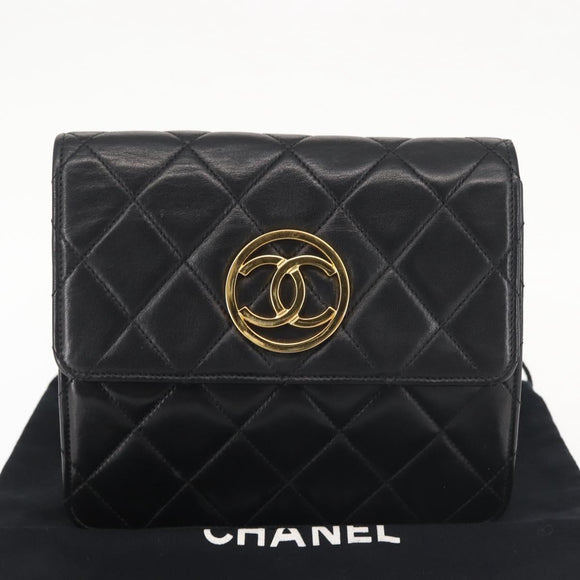 CHANEL Matelasse Chain Shoulder Bag Lamb Skin Black Gold CC Auth 128938V