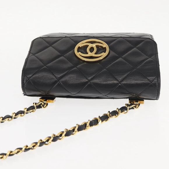 CHANEL Matelasse Chain Shoulder Bag Lamb Skin Black Gold CC Auth 128938V