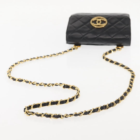 CHANEL Matelasse Chain Shoulder Bag Lamb Skin Black Gold CC Auth 128938V