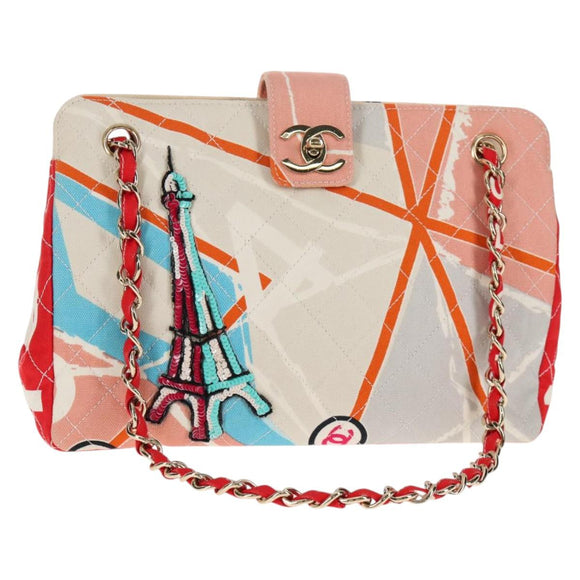 CHANEL Matelasse Chain Shoulder Bag Canvas Pink Gold CC Auth 128939M