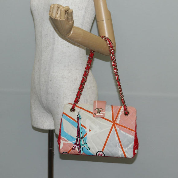 CHANEL Matelasse Chain Shoulder Bag Canvas Pink Gold CC Auth 128939M