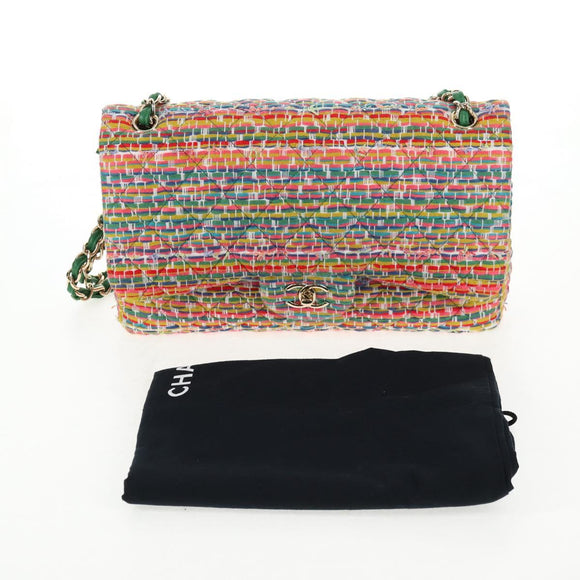 CHANEL Chain Double flap Big Matelasse Bag Cotton Multicolor CC Auth 128941SM