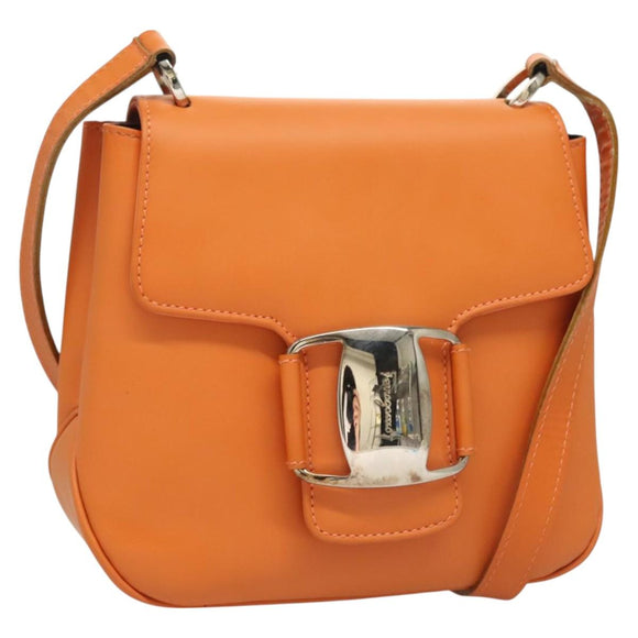 Salvatore Ferragamo Vera Shoulder Bag Enamel Orange Silver Auth 128998