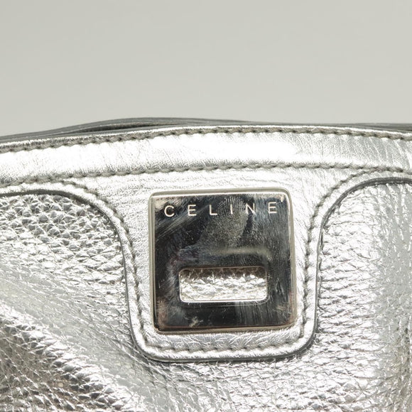 CELINE Tote Bag Leather Silver Auth 129002