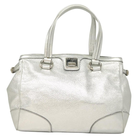 CELINE Tote Bag Leather Silver Auth 129002