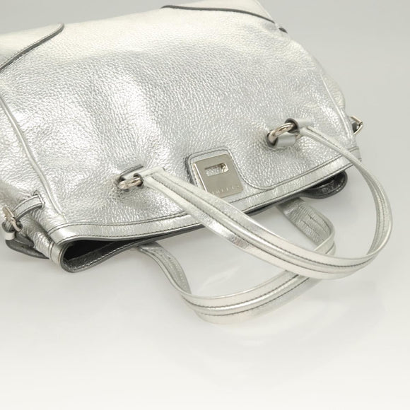 CELINE Tote Bag Leather Silver Auth 129002