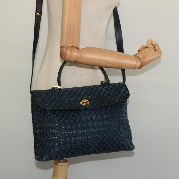 BALLY Hand Bag Suede Leather 2way Blue Gold Auth 129007