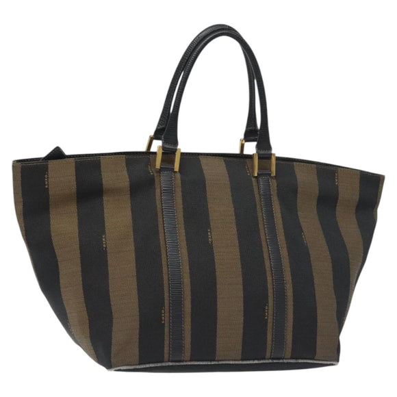 FENDI Pecan Canvas Hand Bag Brown Black gold Auth 129083