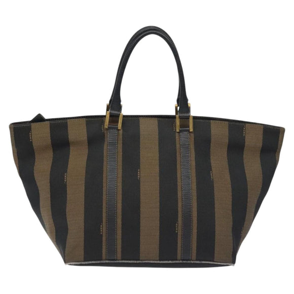 FENDI Pecan Canvas Hand Bag Brown Black gold Auth 129083
