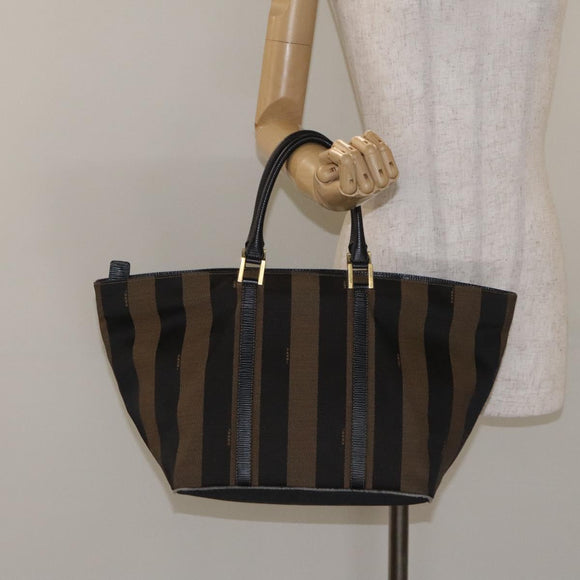 FENDI Pecan Canvas Hand Bag Brown Black gold Auth 129083