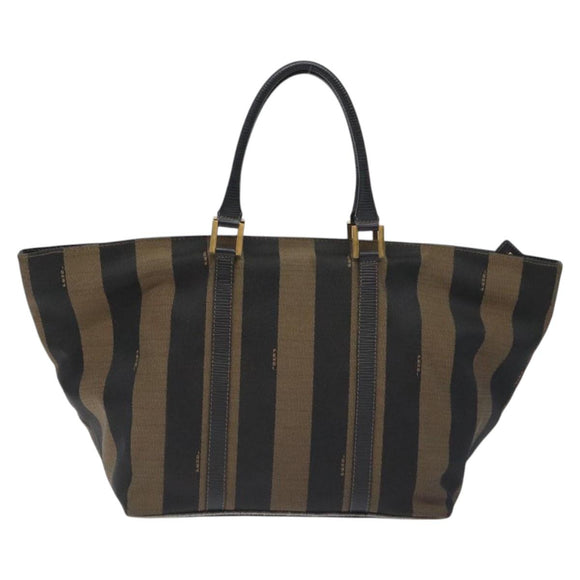FENDI Pecan Canvas Hand Bag Brown Black gold Auth 129083