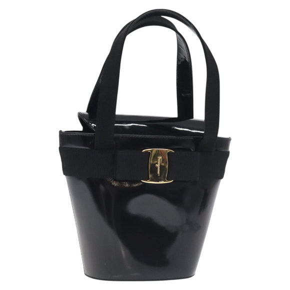 Salvatore Ferragamo Vala Hand Bag Patent leather Black Gold Auth 129105