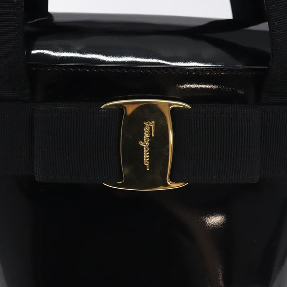 Salvatore Ferragamo Vala Hand Bag Patent leather Black Gold Auth 129105