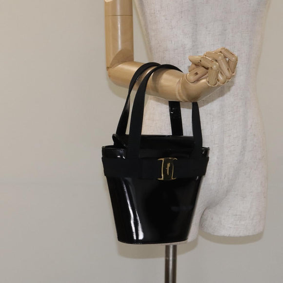 Salvatore Ferragamo Vala Hand Bag Patent leather Black Gold Auth 129105
