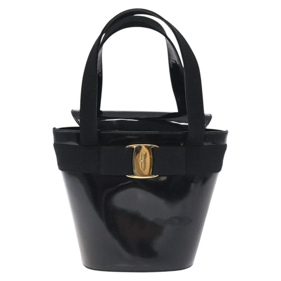 Salvatore Ferragamo Vala Hand Bag Patent leather Black Gold Auth 129105