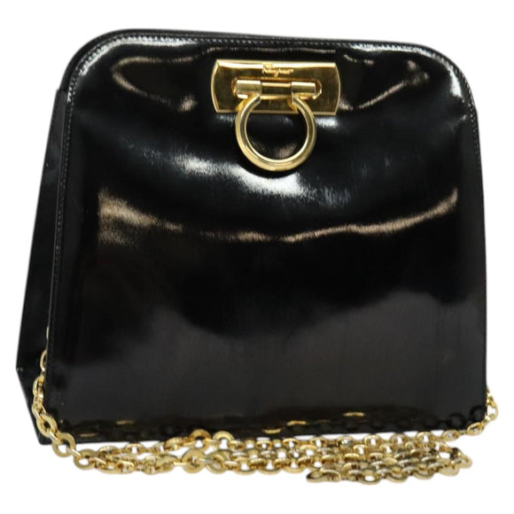 Salvatore Ferragamo Gancini Chain Shoulder Bag Patent Black Gold Auth 129160