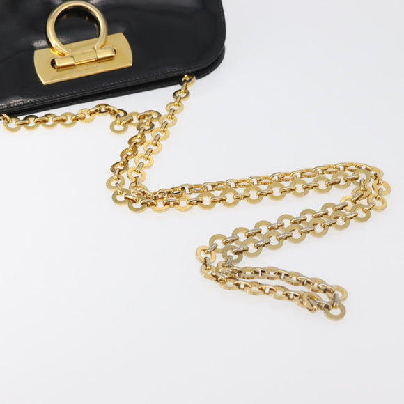 Salvatore Ferragamo Gancini Chain Shoulder Bag Patent Black Gold Auth 129160