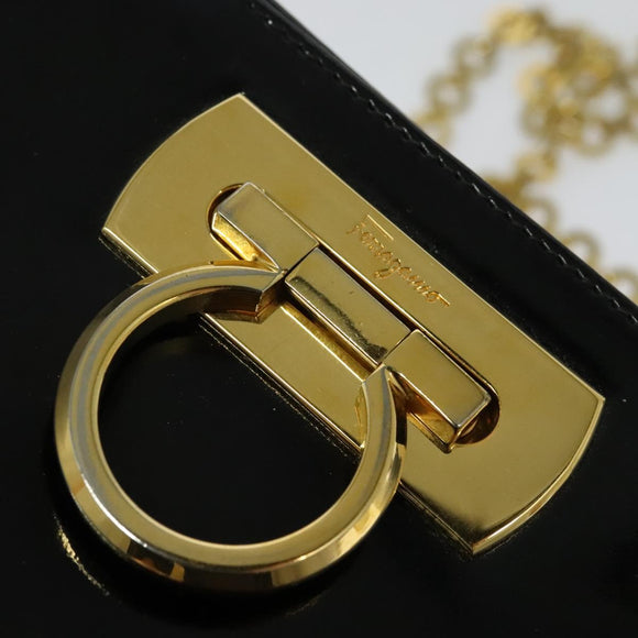 Salvatore Ferragamo Gancini Chain Shoulder Bag Patent Black Gold Auth 129160