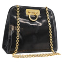 Salvatore Ferragamo Gancini Chain Shoulder Bag Patent Black Gold Auth 129160-1