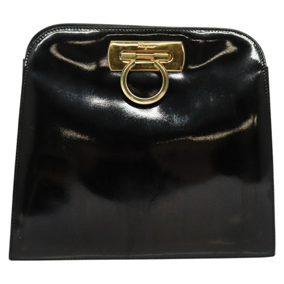 Salvatore Ferragamo Gancini Chain Shoulder Bag Patent Black Gold Auth 129160