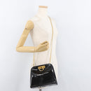 Salvatore Ferragamo Gancini Chain Shoulder Bag Patent Black Gold Auth 129160-25