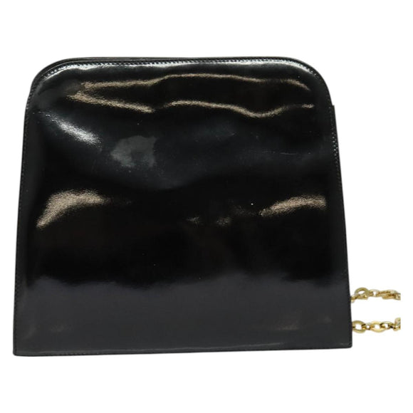 Salvatore Ferragamo Gancini Chain Shoulder Bag Patent Black Gold Auth 129160