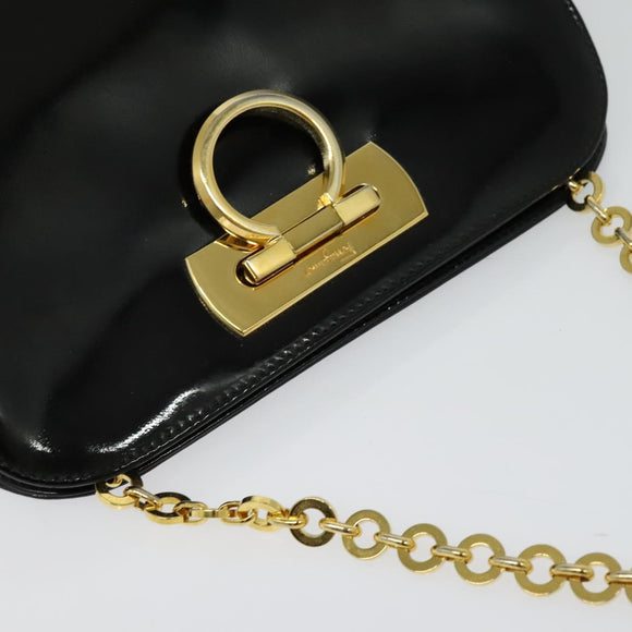 Salvatore Ferragamo Gancini Chain Shoulder Bag Patent Black Gold Auth 129160