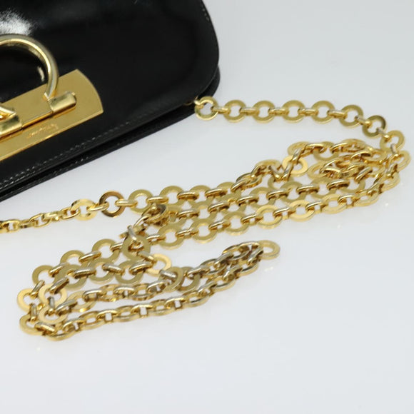 Salvatore Ferragamo Gancini Chain Shoulder Bag Patent Black Gold Auth 129160