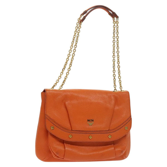 MCM Studs Chain Shoulder Bag Leather Orange Gold Auth 129209
