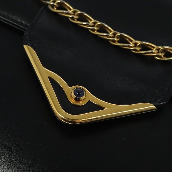 CARTIER Chain Shoulder Bag Leather Navy Gold Auth 129241