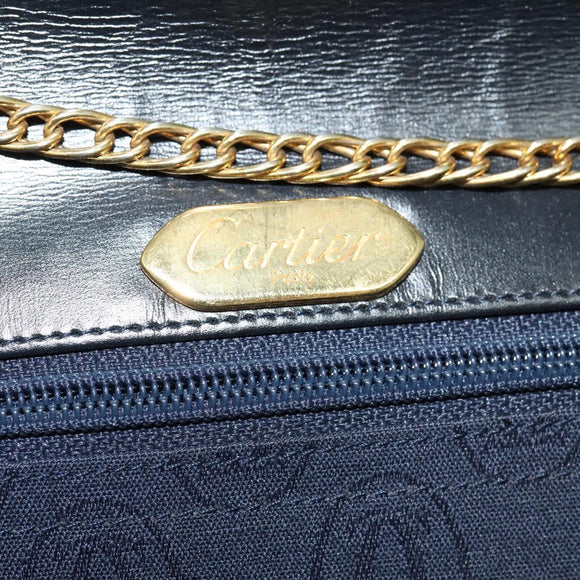 CARTIER Chain Shoulder Bag Leather Navy Gold Auth 129241