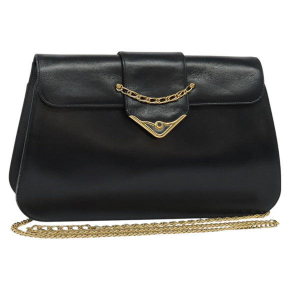 CARTIER Chain Shoulder Bag Leather Navy Gold Auth 129241