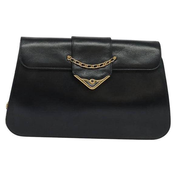 CARTIER Chain Shoulder Bag Leather Navy Gold Auth 129241