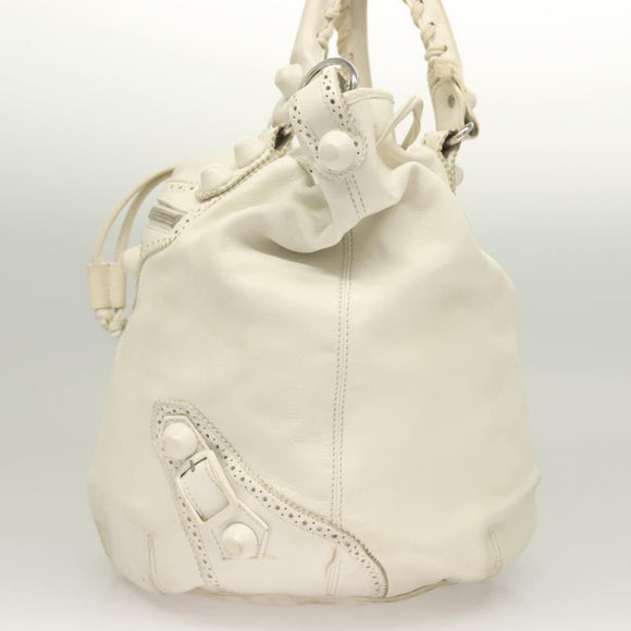BALENCIAGA The Giant Pom Pom Bag Leather 2way White Silver 204540 Auth 129254