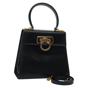 Salvatore Ferragamo Gancini Hand Bag Leather 2way Navy Gold Auth 129297