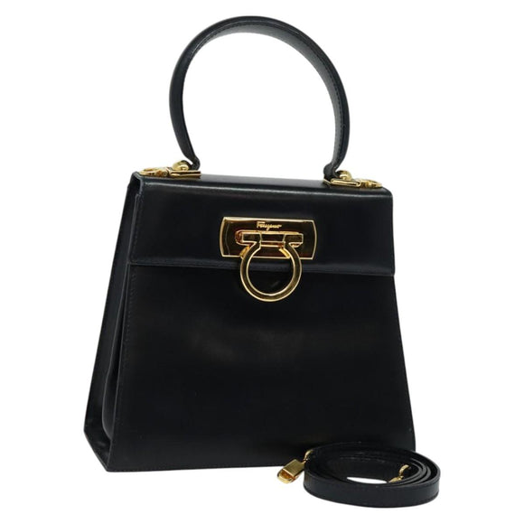 Salvatore Ferragamo Gancini Hand Bag Leather 2way Navy Gold Auth 129297