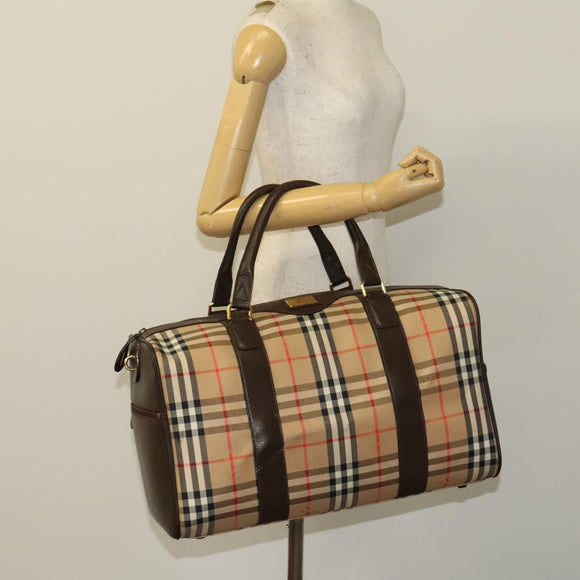 Burberrys Nova Check Boston Bag Canvas Beige Gold Auth 129336