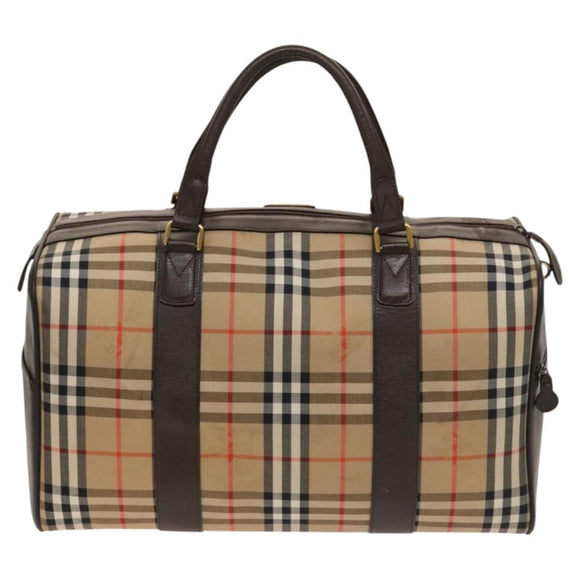 Burberrys Nova Check Boston Bag Canvas Beige Gold Auth 129336