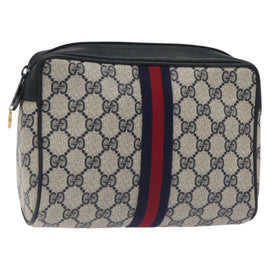 GUCCI GG Supreme Sherry Line Clutch Bag PVC Navy Gold Red 56 01 012 Auth 129340