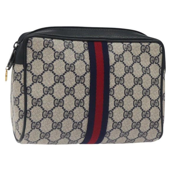 GUCCI GG Supreme Sherry Line Clutch Bag PVC Navy Gold Red 56 01 012 Auth 129340