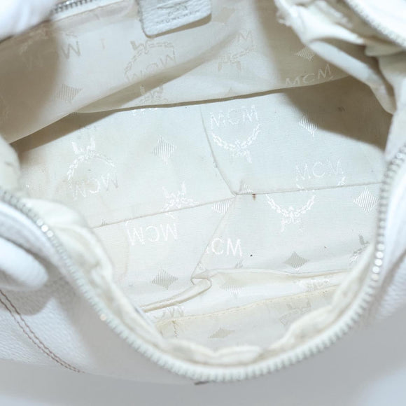 MCM Shoulder Bag Leather White Silver Auth 129389