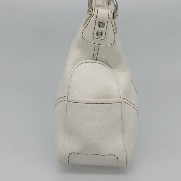 MCM Shoulder Bag Leather White Silver Auth 129389