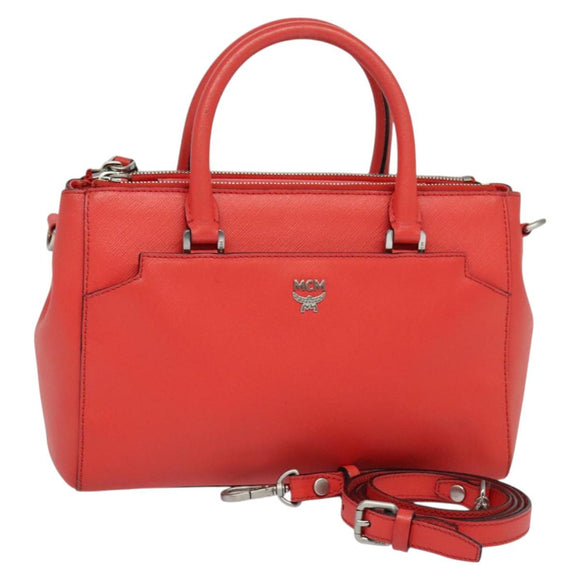 MCM Hand Bag Leather 2way Red Silver Auth 129397