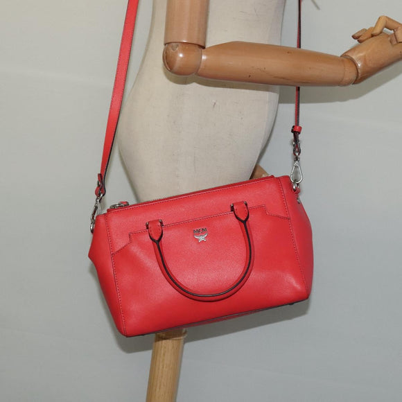 MCM Hand Bag Leather 2way Red Silver Auth 129397