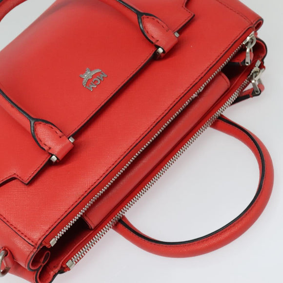 MCM Hand Bag Leather 2way Red Silver Auth 129397